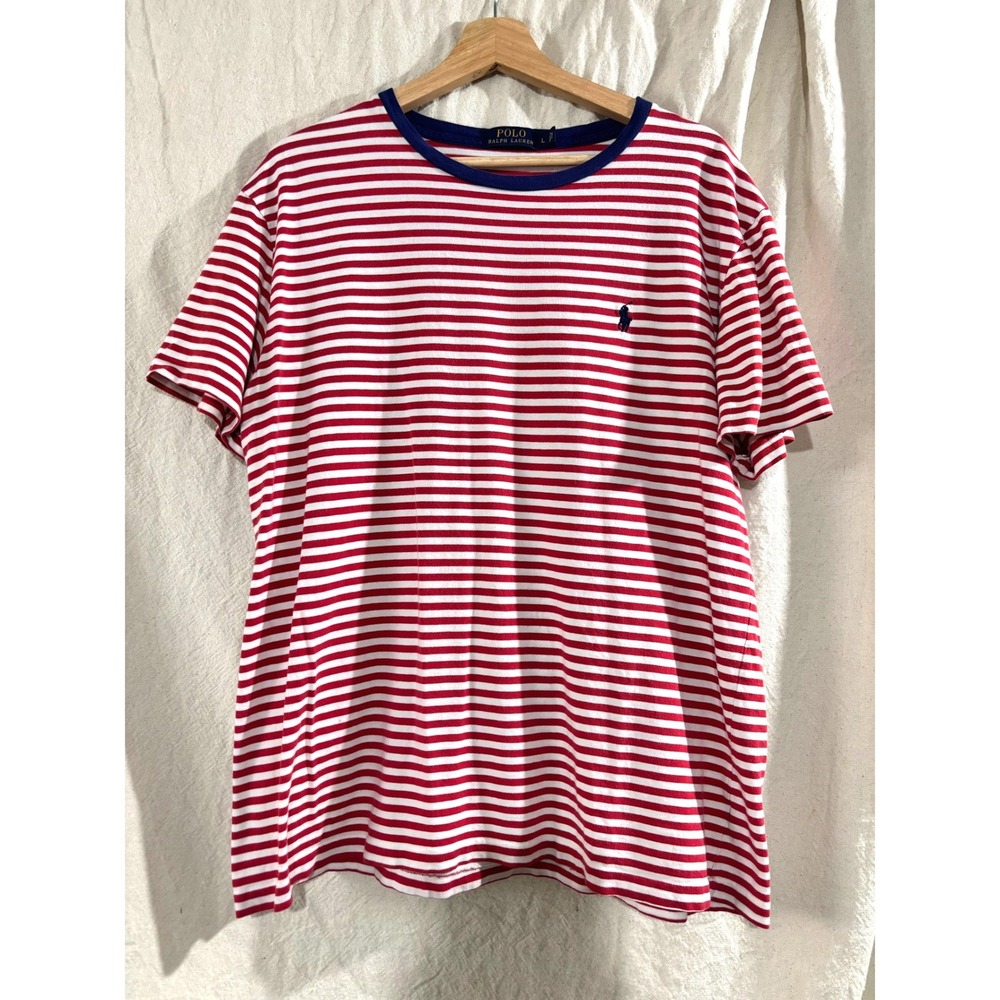 Polo Ralph Lauren Mens Red White Striped Short Sleeve T-Shirt Navy Pony Logo L